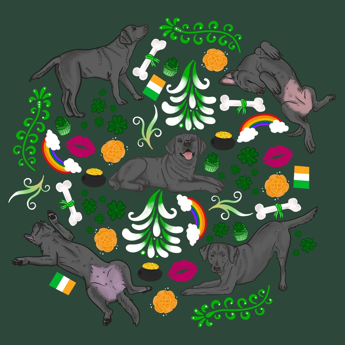 Black Labrador Green Fleur Design - Adult Unisex T-Shirt