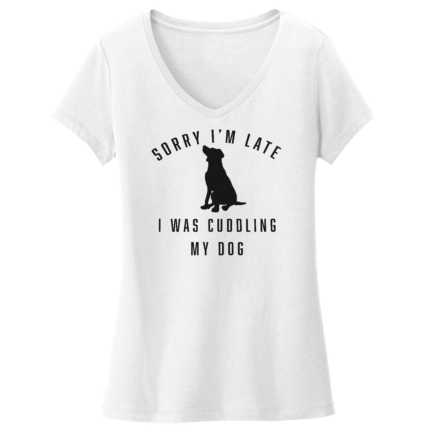 Sorry I'm Late Dog Cuddling Labrador Silhouette - Women's V-Neck T-Shirt