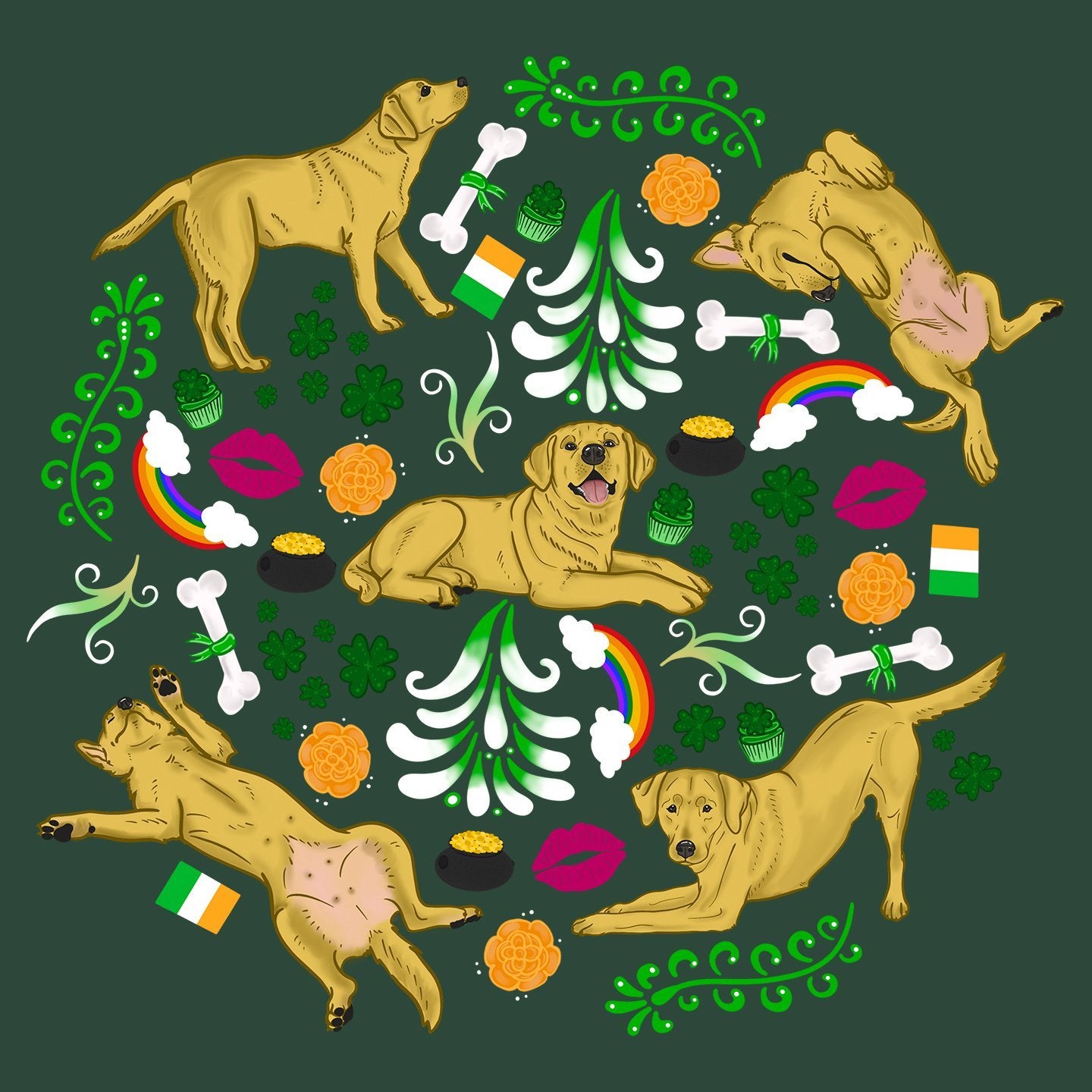Yellow Labrador Green Fleur Design - Adult Unisex T-Shirt