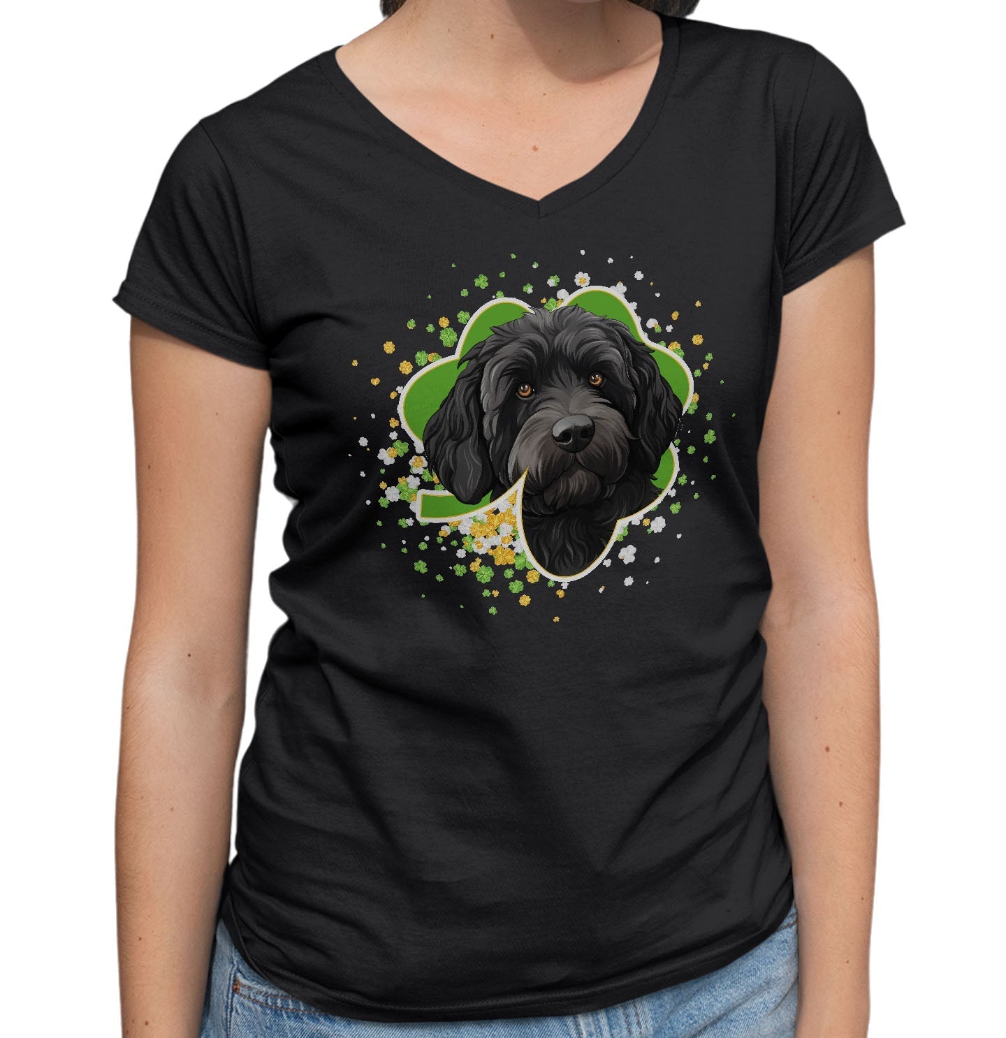 Big Clover St. Patrick's Day Labradoodle (Black) - Women's V-Neck T-Shirt