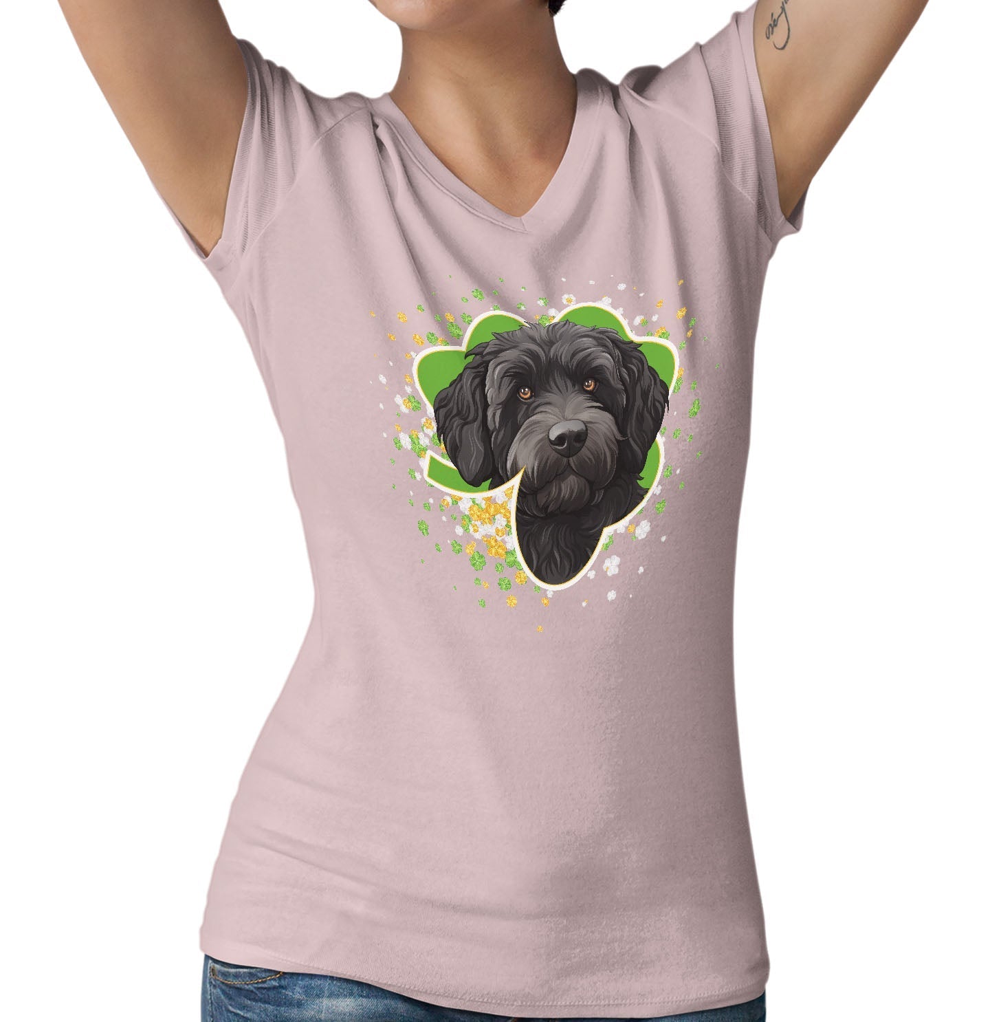 Big Clover St. Patrick's Day Labradoodle (Black) - Women's V-Neck T-Shirt