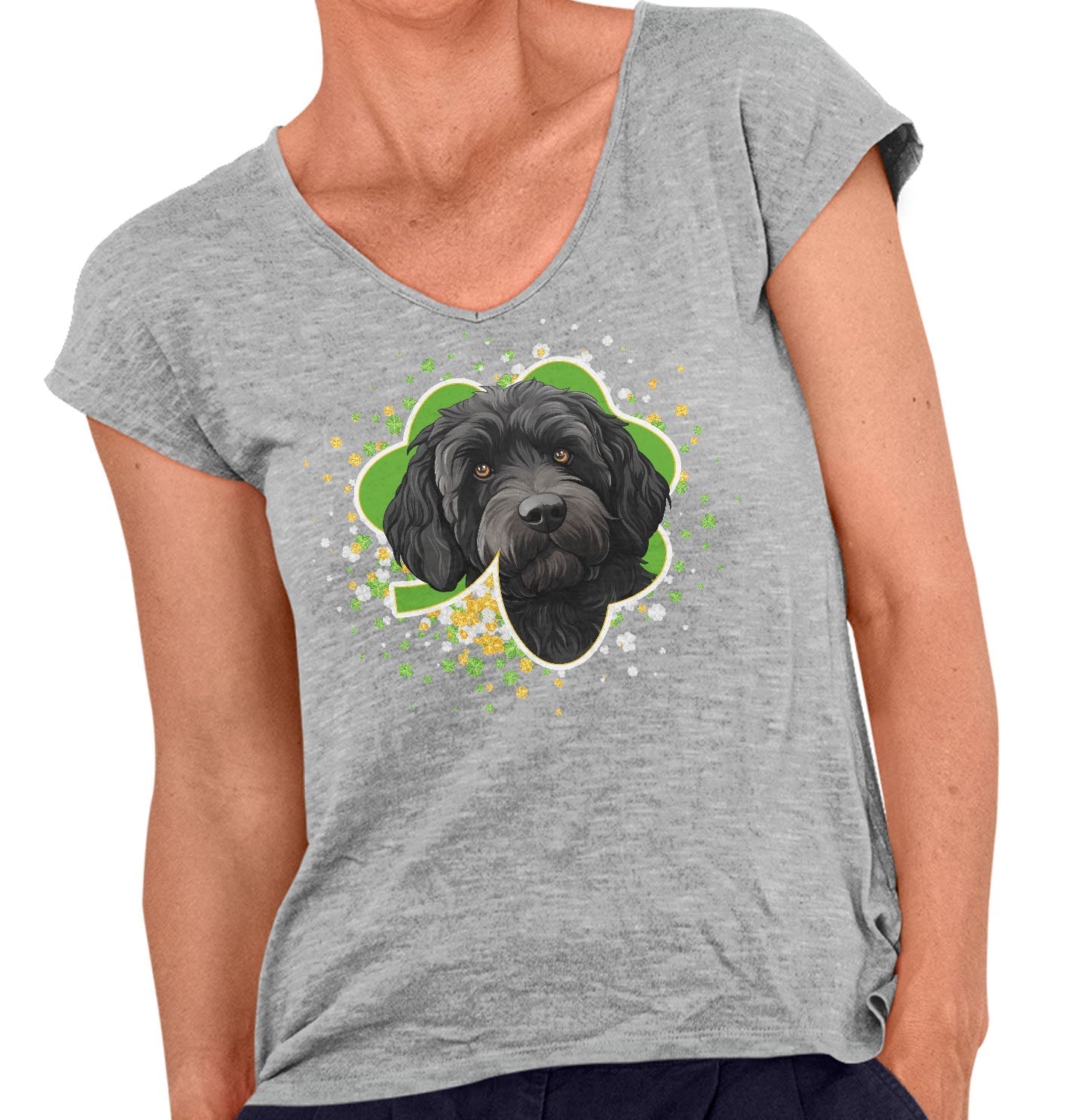 Big Clover St. Patrick's Day Labradoodle (Black) - Women's V-Neck T-Shirt