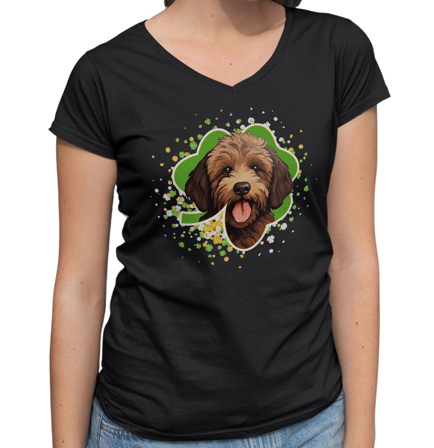 Big Clover St. Patrick's Day Labradoodle (Chocolate) - Women's V-Neck T-Shirt