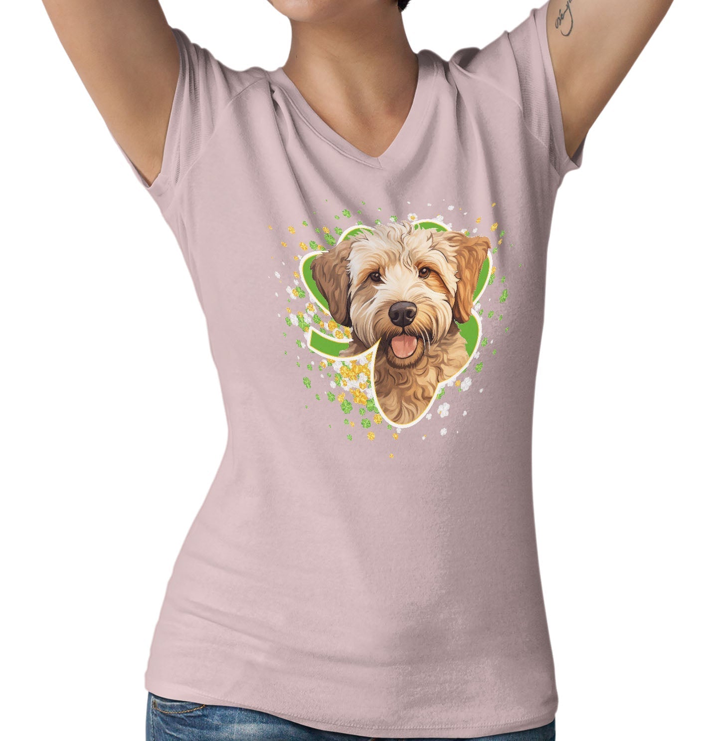 Big Clover St. Patrick's Day Labradoodle (Yellow) - Women's V-Neck T-Shirt