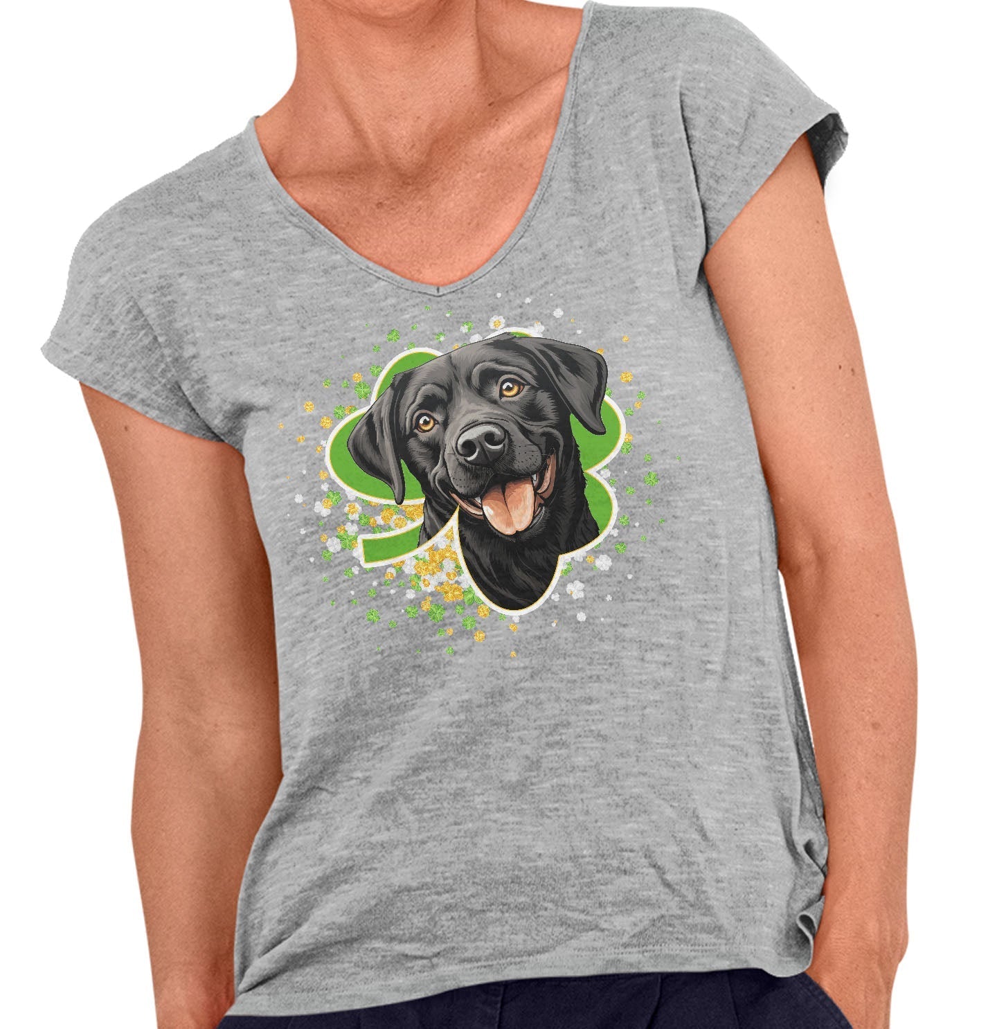 Big Clover St. Patrick's Day Labrador Retriever (Black) - Women's V-Neck T-Shirt