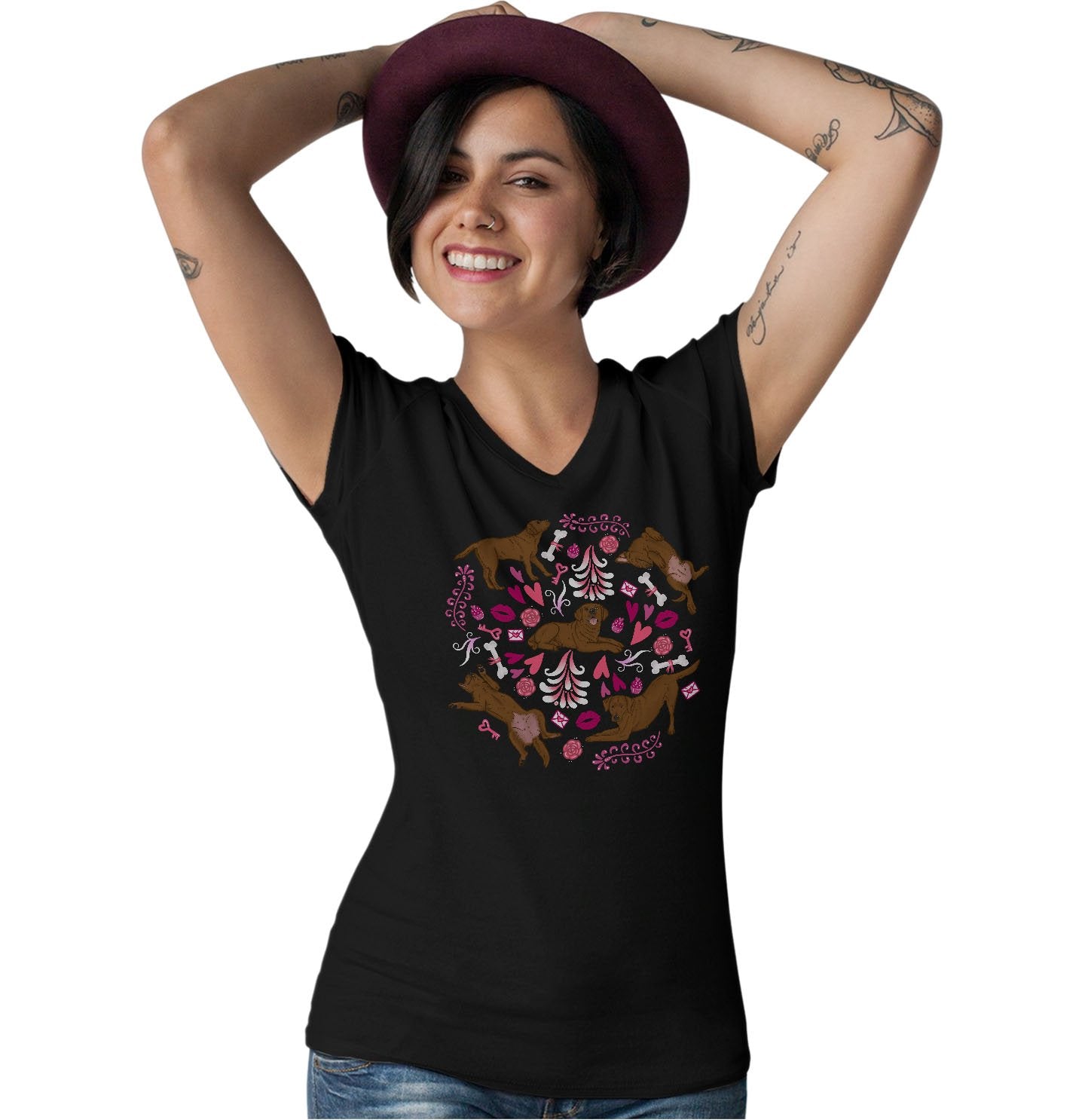 Chocolate Labrador Pink Fleur Ladies' V-Neck Shirt