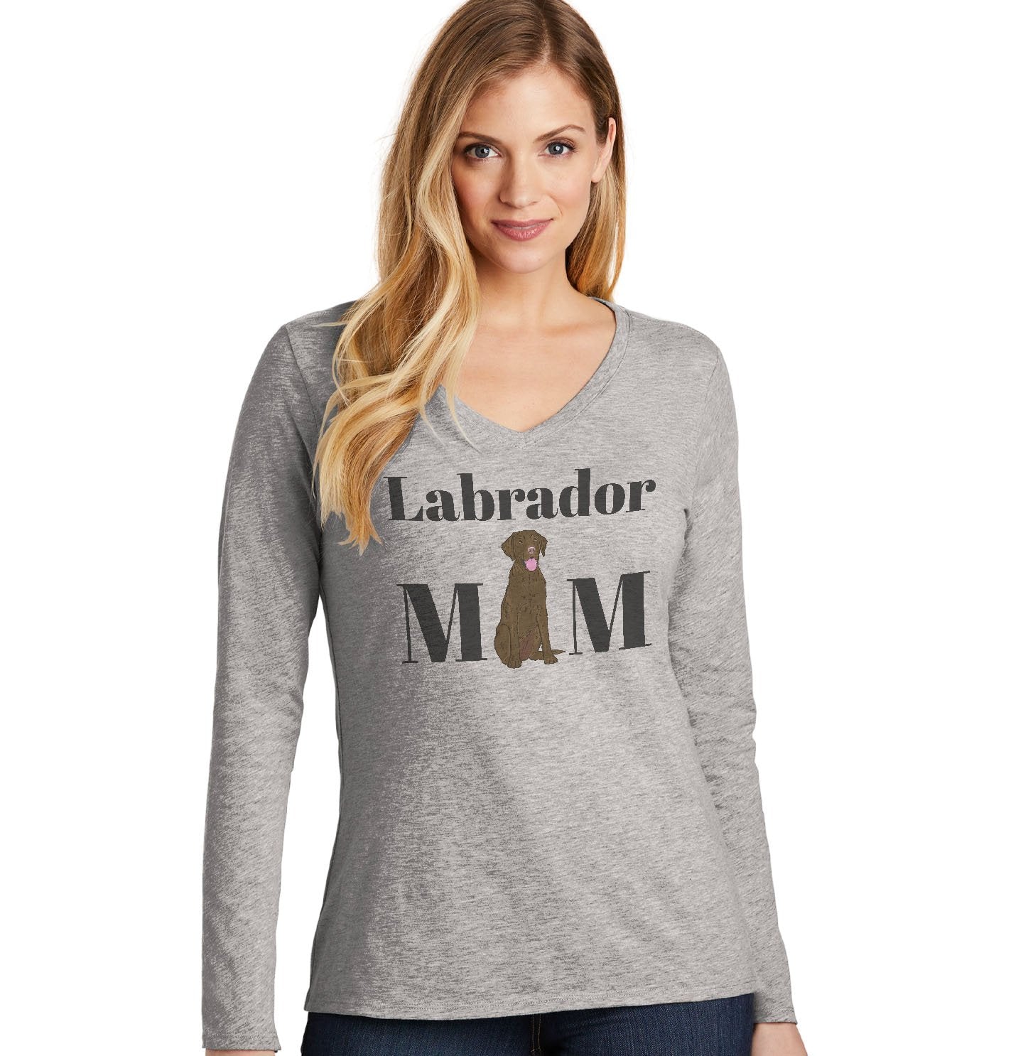 Chocolate Labrador Mom Illustration - Women's V-Neck Long Sleeve T-Shirt