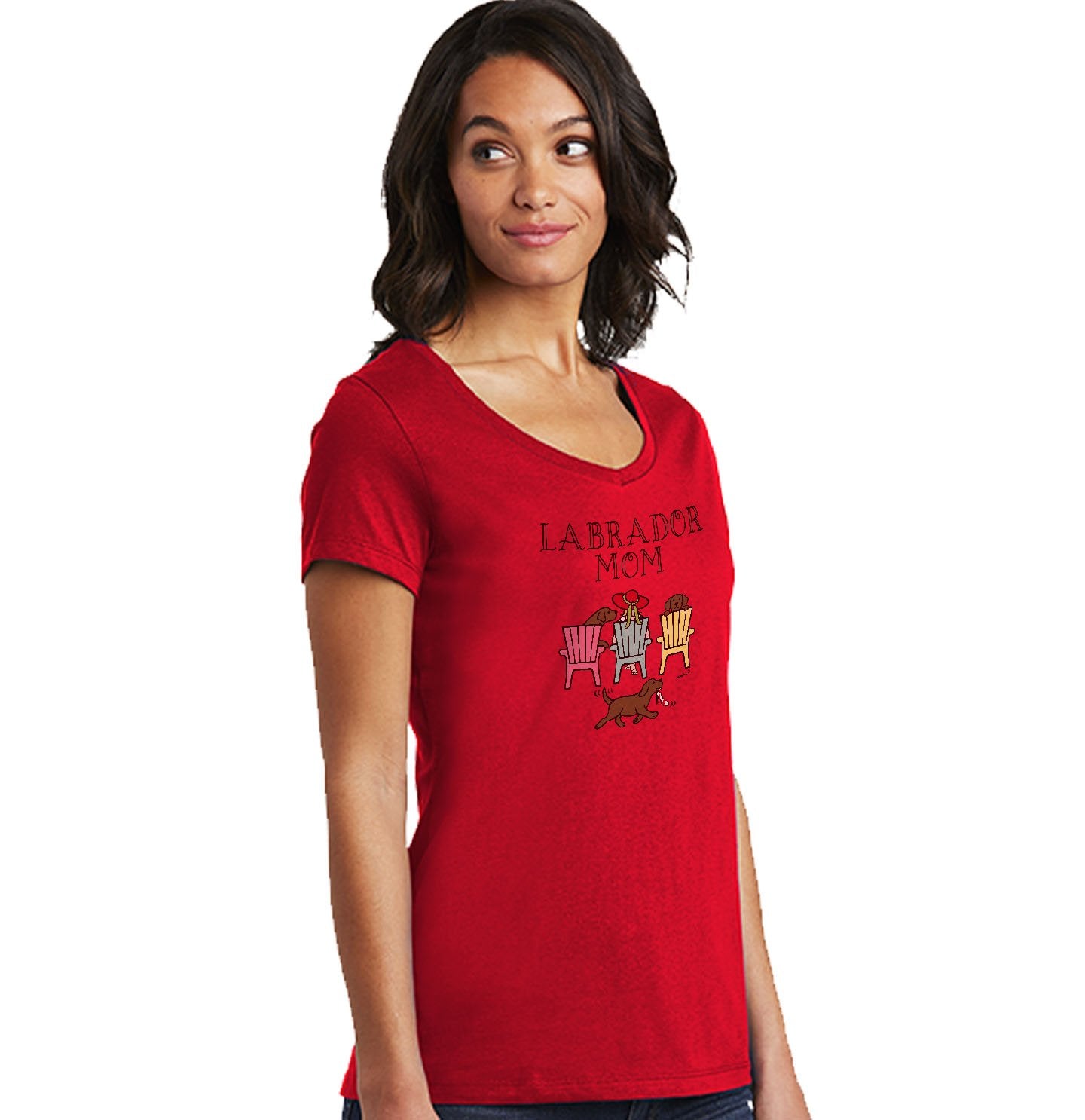 Chocolate Labrador Dog Mom - Deck Chairs Design - Women's V-Neck T-Shirt