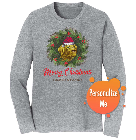 Santa Dog and Wreath - Personalized Custom Adult Unisex Long Sleeve T-Shirt