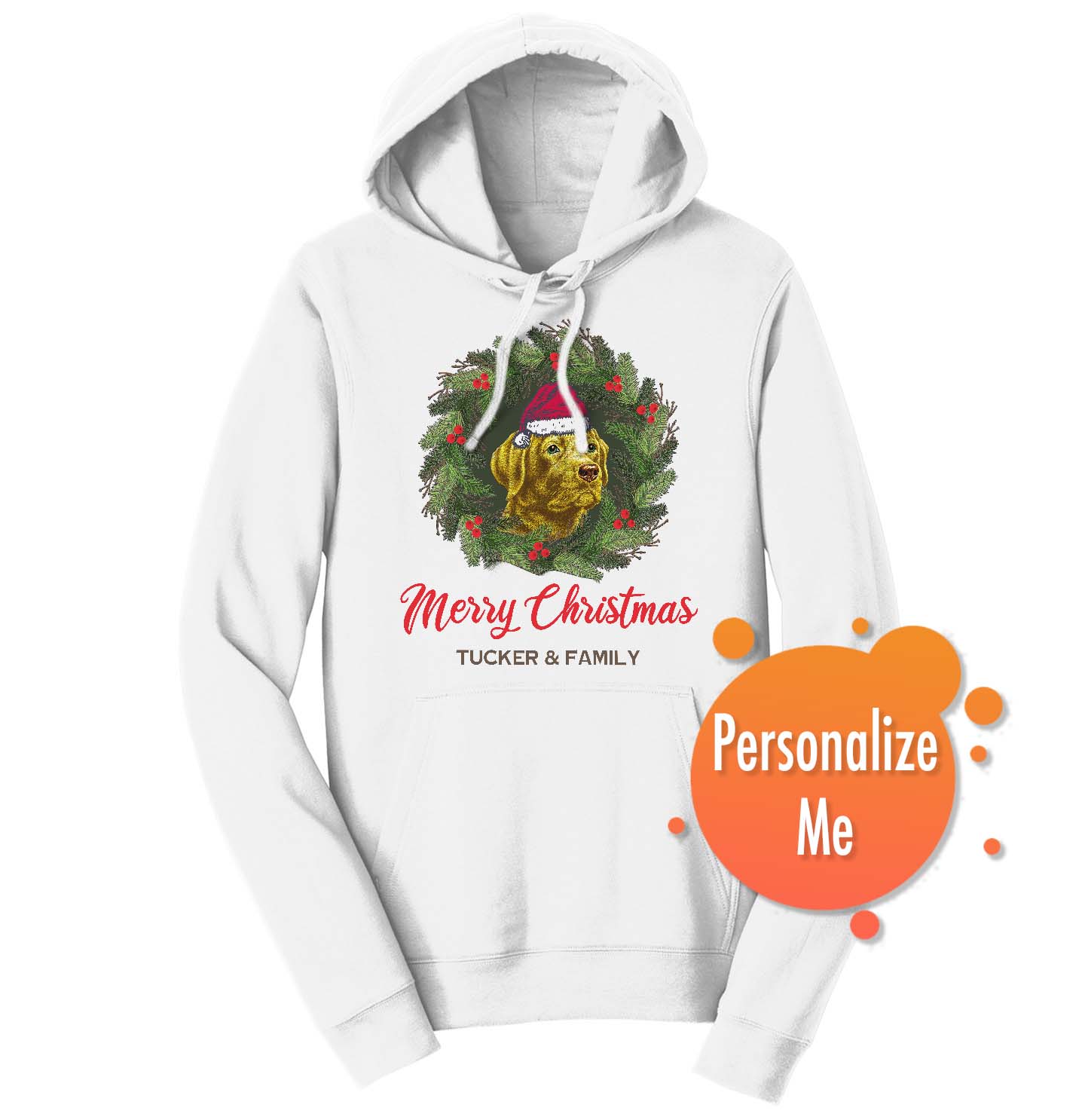 Santa Dog and Wreath - Personalized Custom Adult Unisex Hoodie Sweatshirt