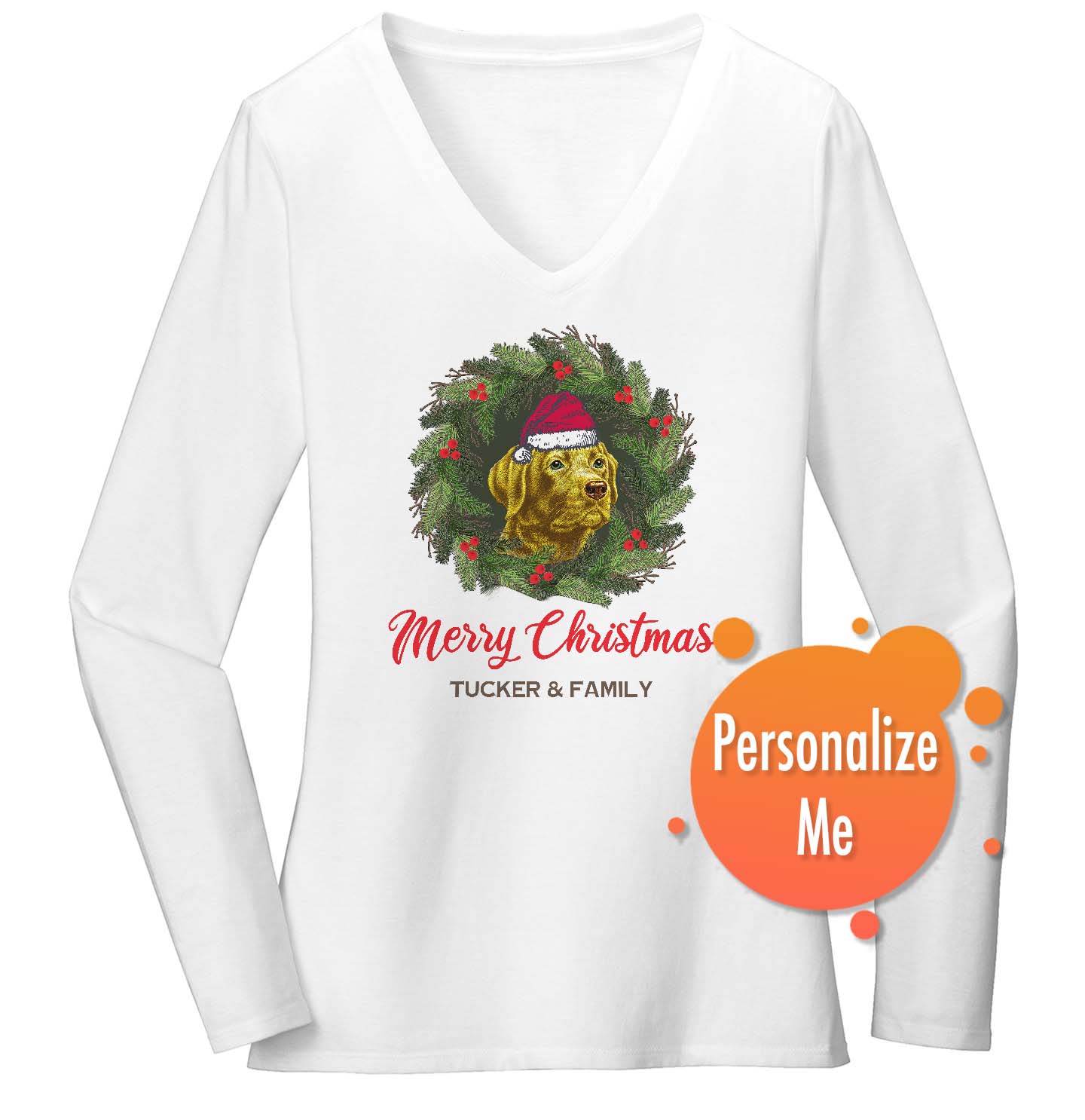 Santa Dog and Wreath - Personalized Custom Women's V-Neck Long Sleeve T-Shirt