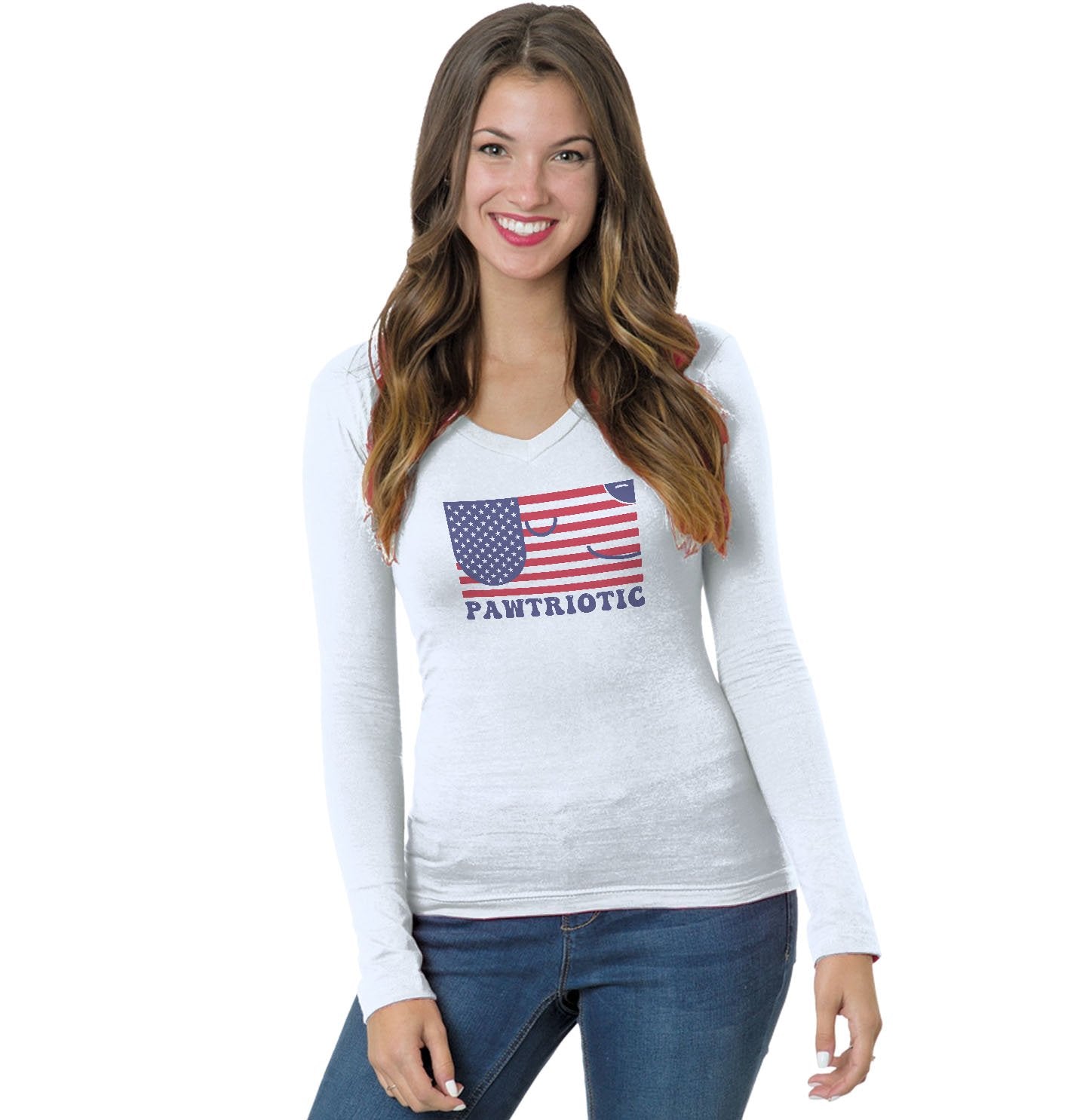 Pawtriotic Flag Dog - Women's V-Neck Long Sleeve T-Shirt