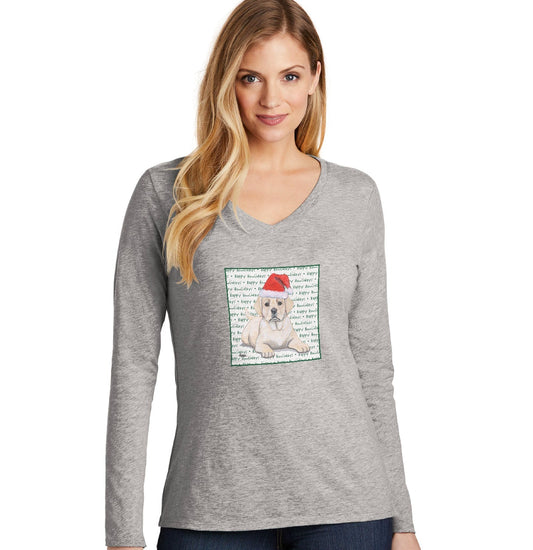 Yellow Labrador Retriever Puppy Happy Howlidays Text - Women's V-Neck Long Sleeve T-Shirt