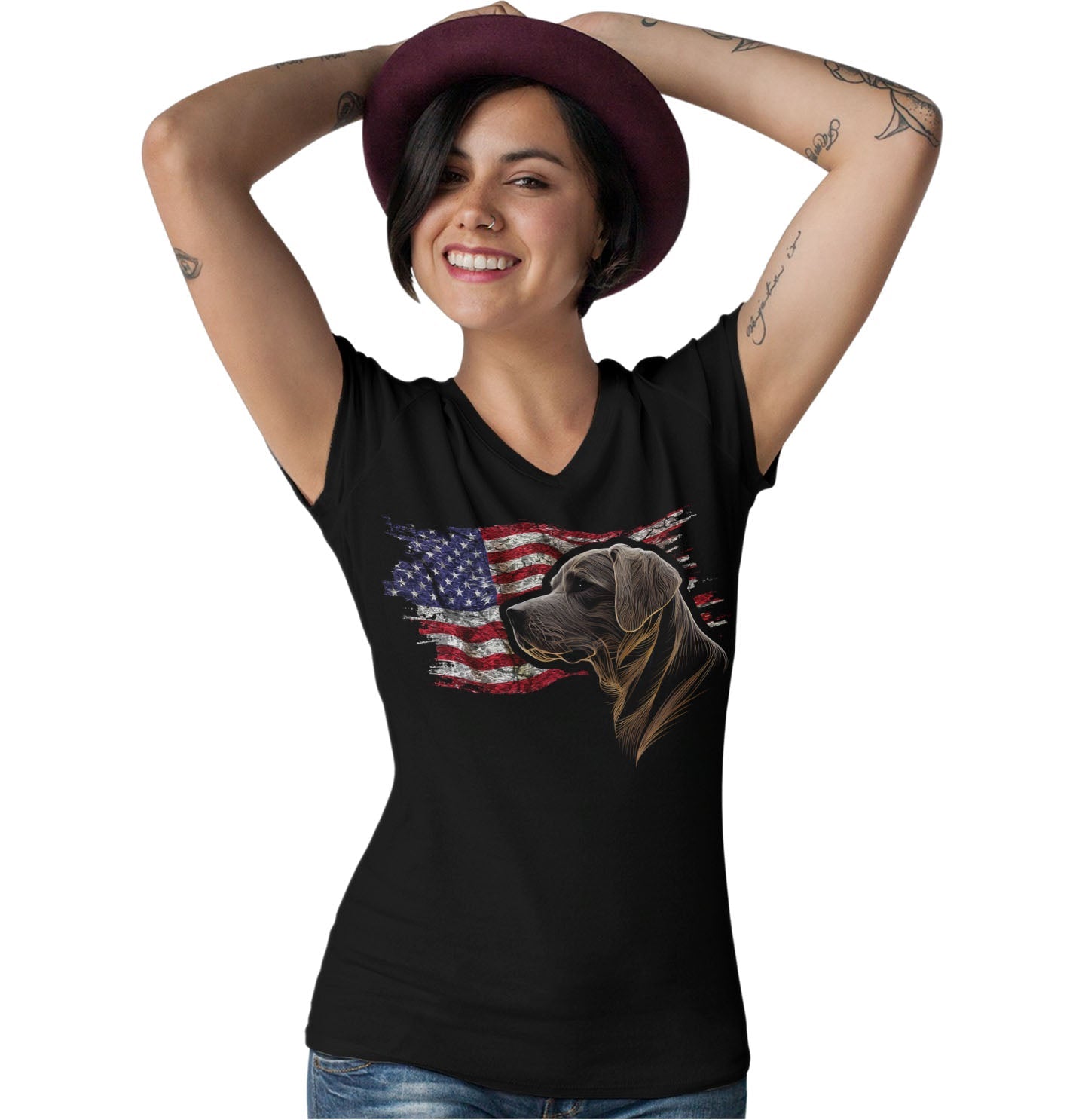 Patriotic Labrador Retriever 1 American Flag - Women's V-Neck T-Shirt