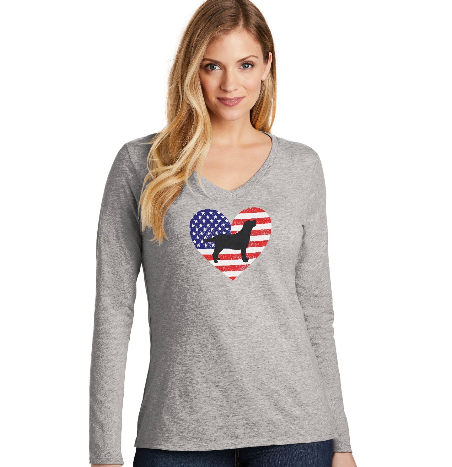 USA Flag Lab Silhouette - Women's V-Neck Long Sleeve T-Shirt