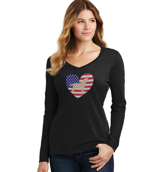 USA Flag Yellow Lab Silhouette - Women's V-Neck Long Sleeve Tee Shirt