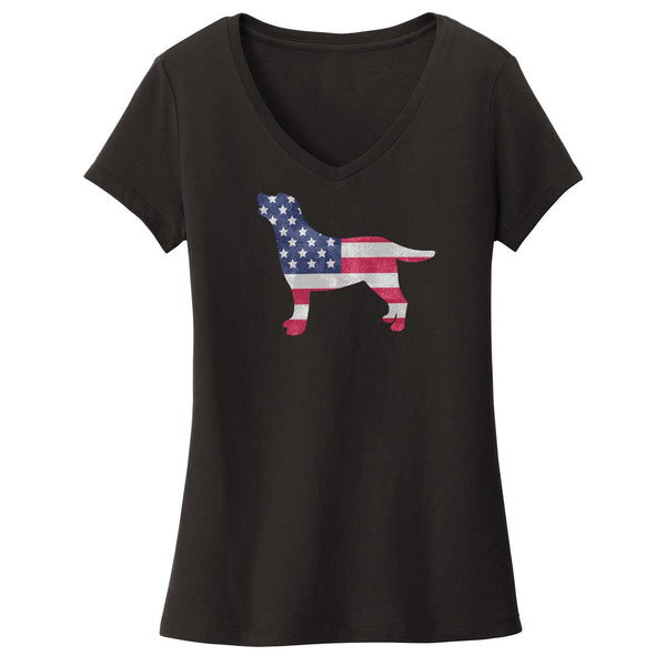 USA Flag Pattern Lab Silhouette - Women's V-Neck Tee Shirt