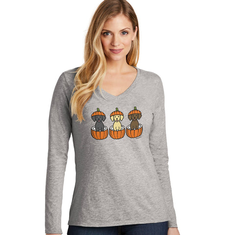 3 Pumpkin Lab Pups - Halloween - Women's V-Neck Long Sleeve T-Shirt
