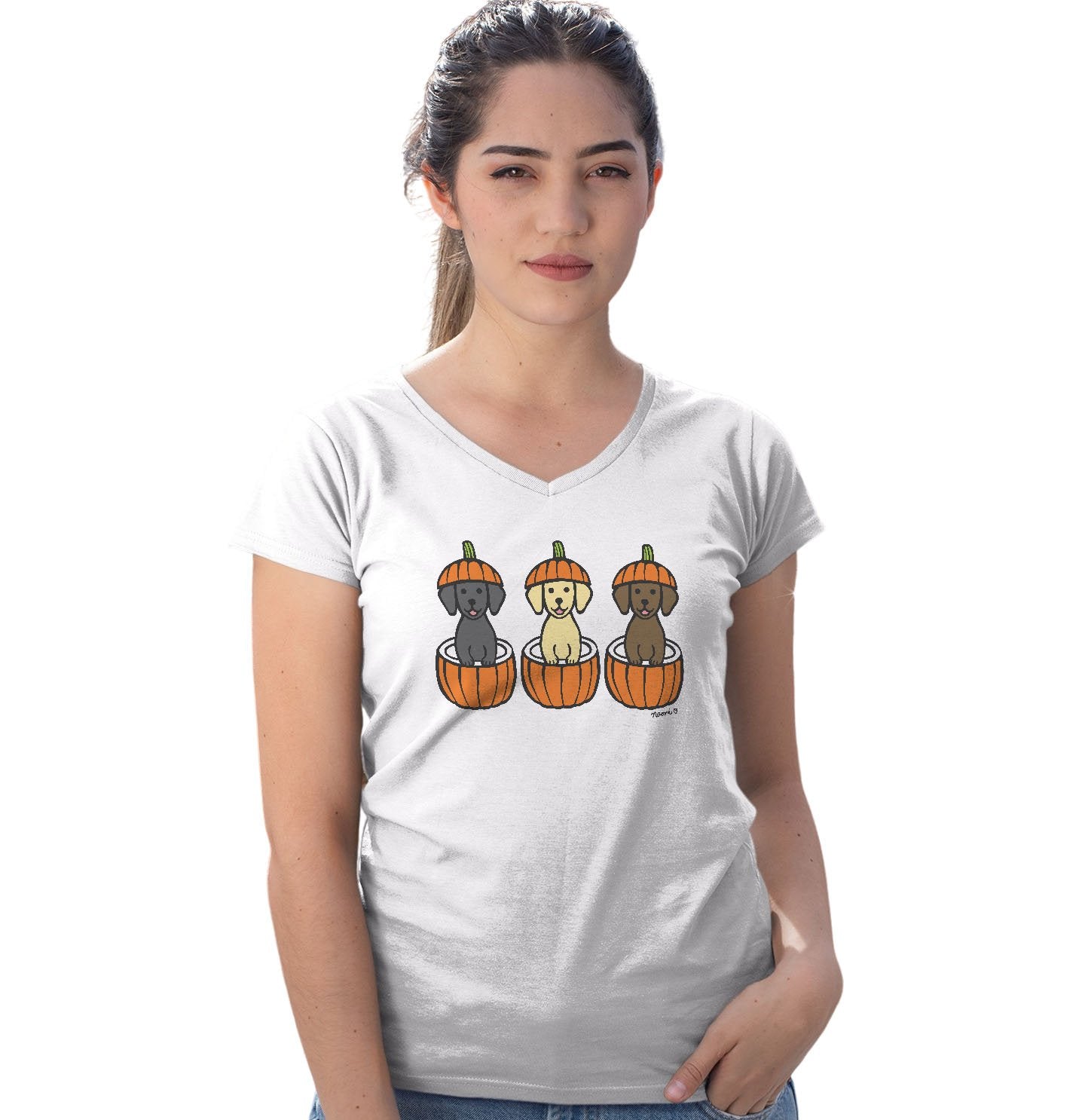 3 Pumpkin Lab Pups - Women's V-Neck T-Shirt