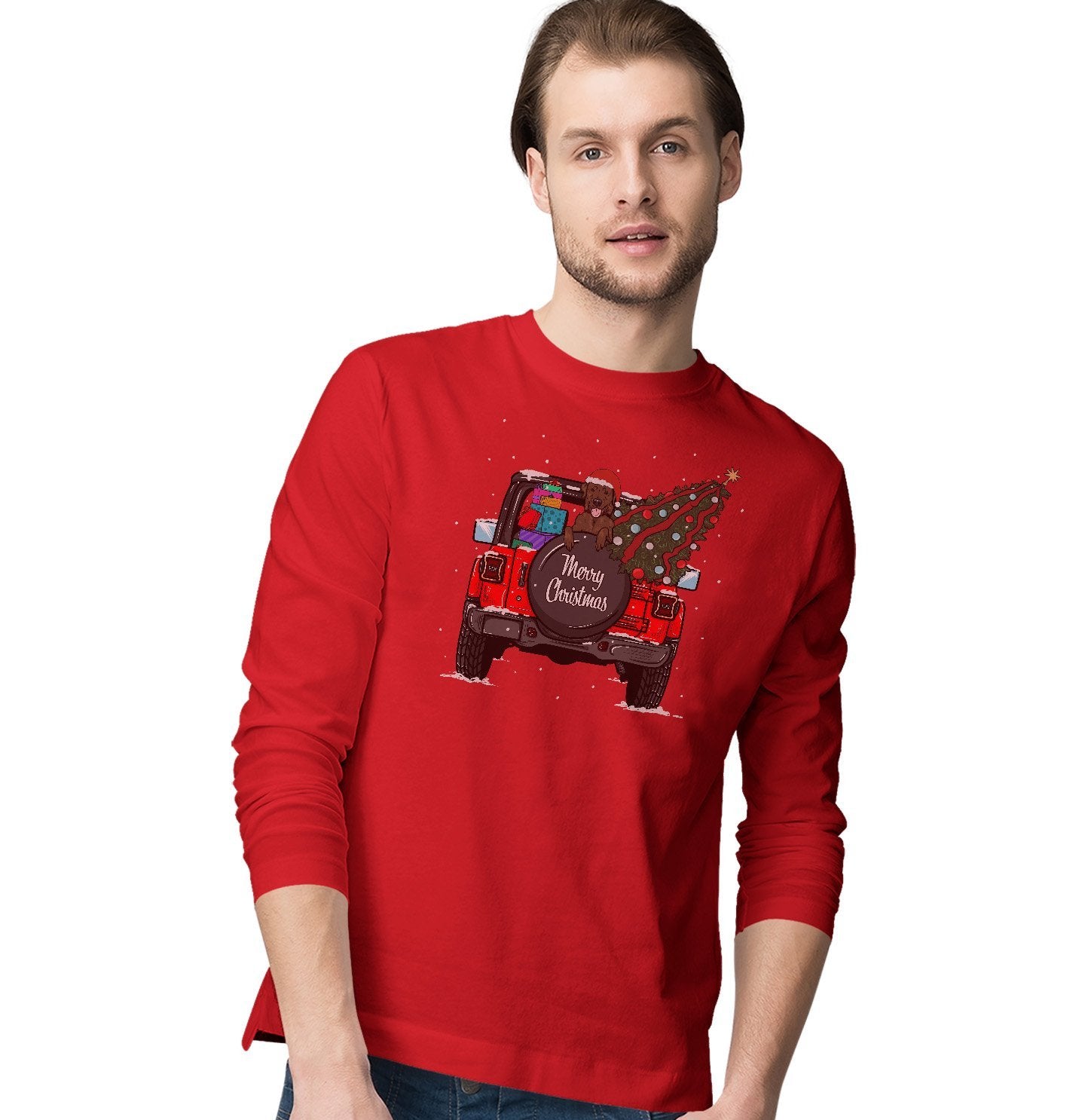 Labradors.com - Christmas Jeep Chocolate Lab - Adult Unisex Long Sleeve T-Shirt