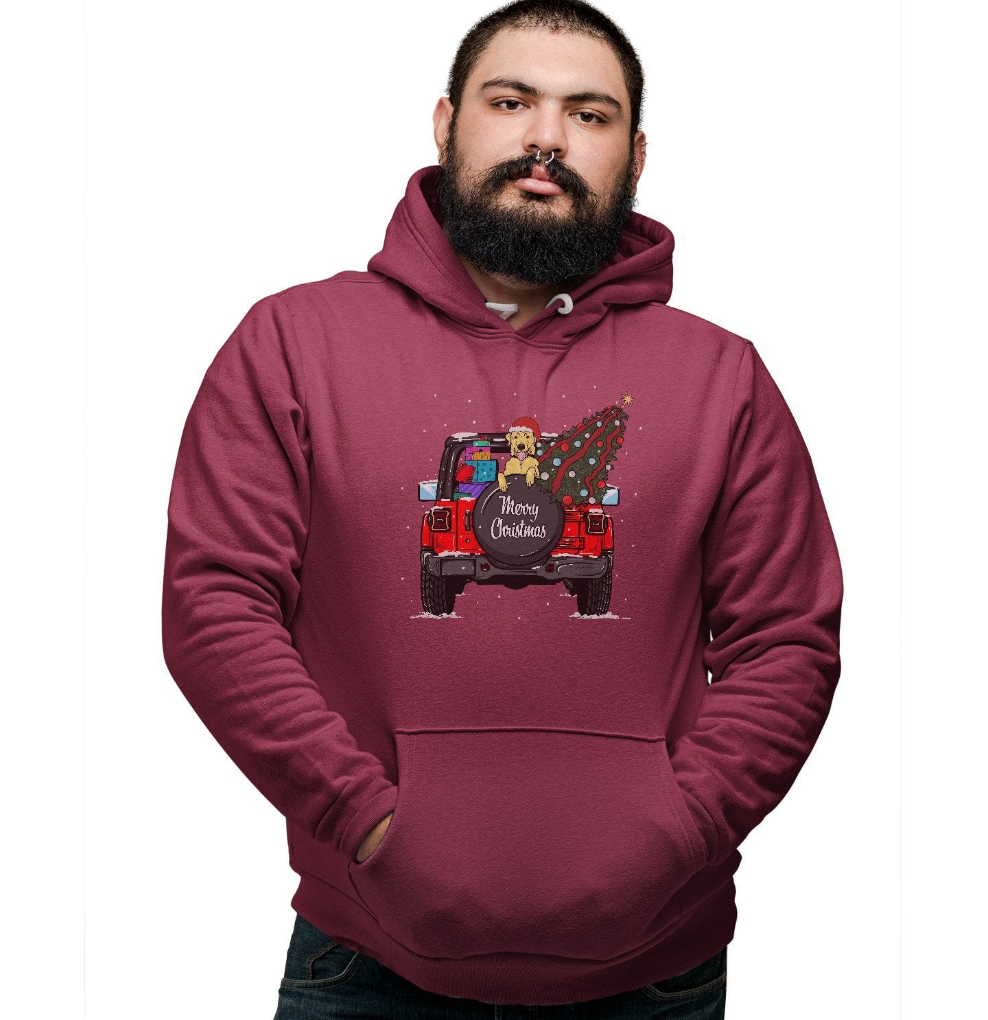 Labradors.com - Christmas Jeep Yellow Lab - Adult Unisex Hoodie Sweatshirt