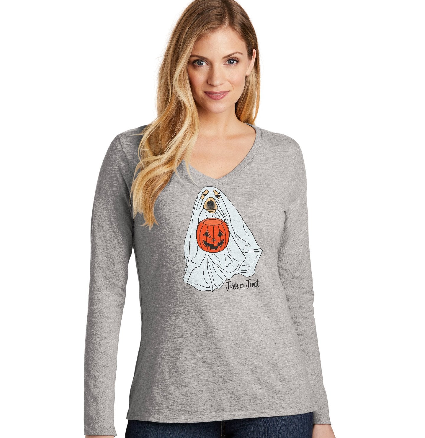 Labradors.com - Trick or Treat Ghost Dog - Women's V-Neck Long Sleeve T-Shirt