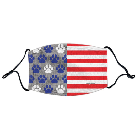 USA Flag - Blue Paw Prints - Adjustable Face Mask, Breathable, Reusable, Printed in USA