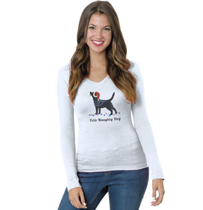 Feliz Naughty Dog Black Labrador- Ladies' V-Neck Long Sleeve T-Shirt