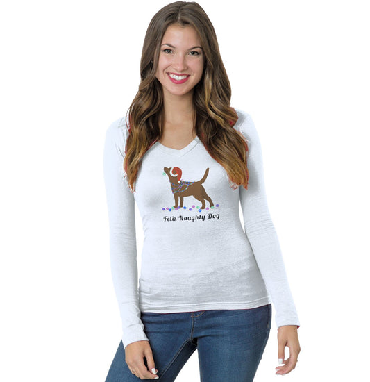 Feliz Naughty Dog Chocolate Labrador- Ladies' V-Neck Long Sleeve T-Shirt