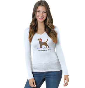 Feliz Naughty Dog Chocolate Labrador- Ladies' V-Neck Long Sleeve T-Shirt