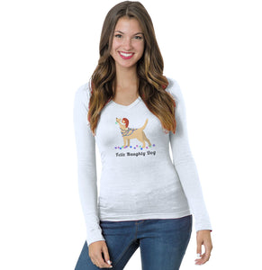 Feliz Naughty Dog Yellow Labrador- Ladies' V-Neck Long Sleeve T-Shirt
