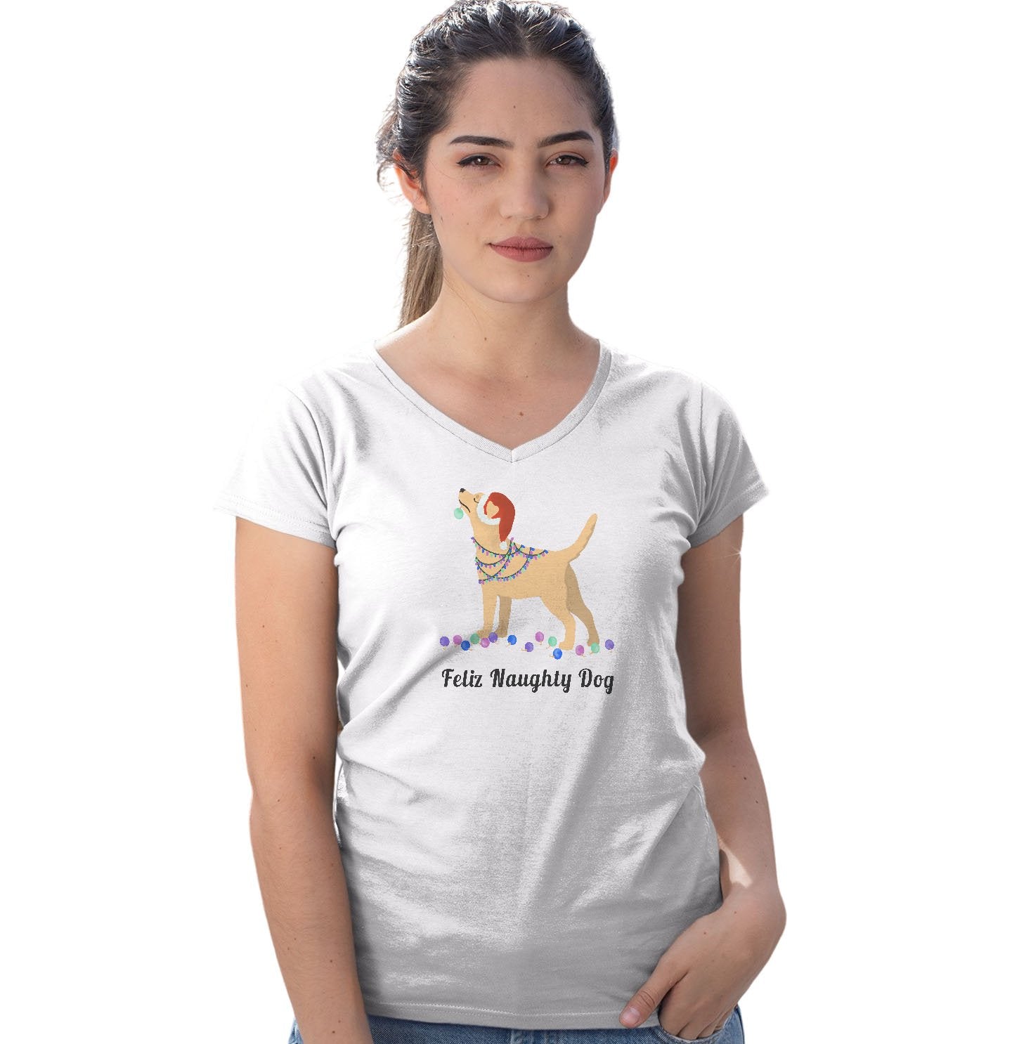 Feliz Naughty Dog Yellow Labrador- Ladies' V-Neck T-Shirt