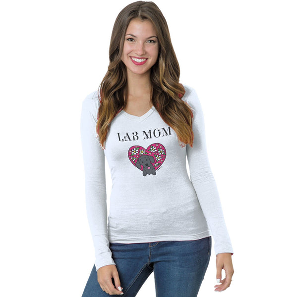 Animal Pride - Flower Heart Black Lab Mom - Women's V-Neck Long Sleeve T-Shirt