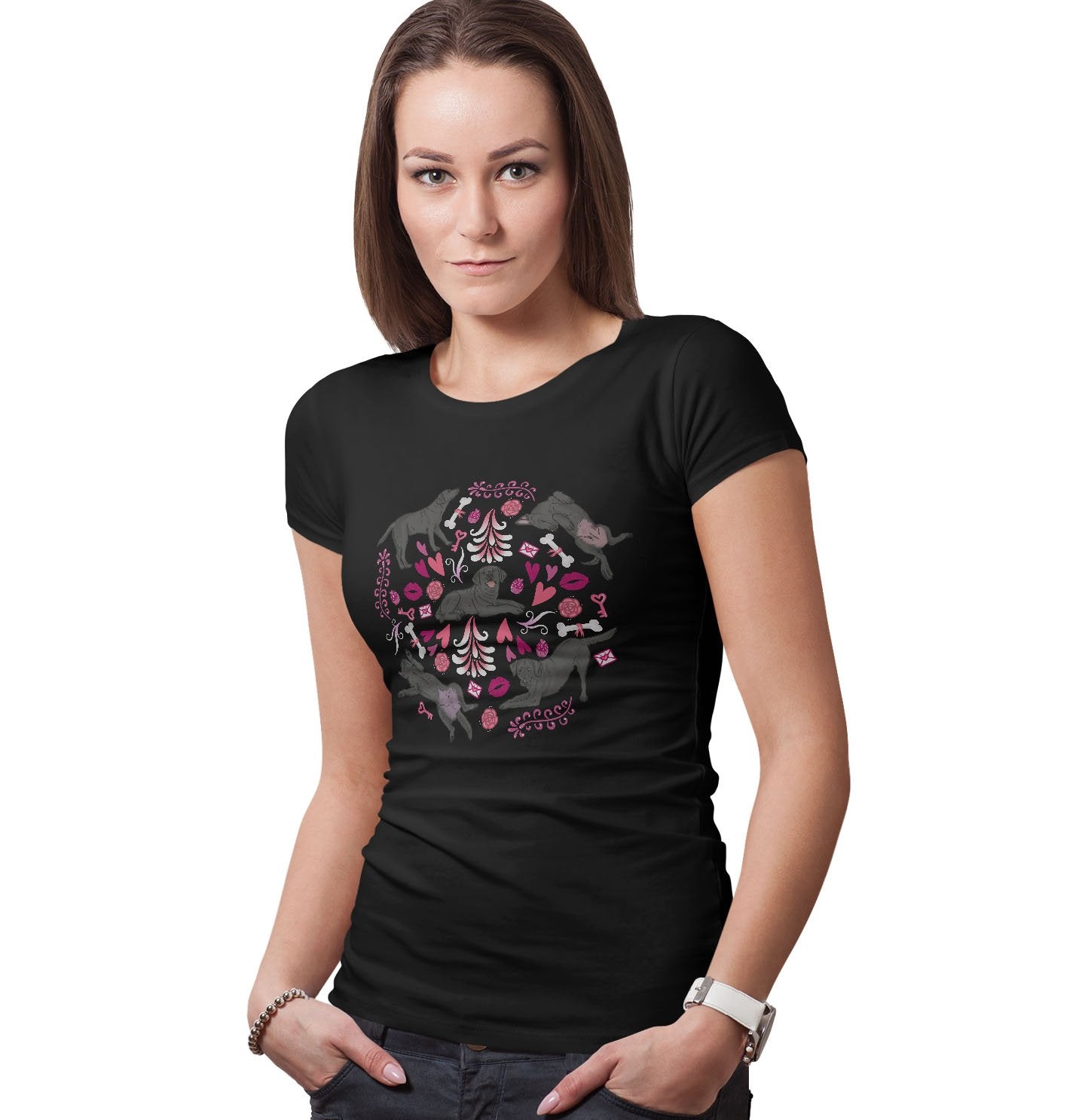 Black Labrador Pink Fleur Pattern - Women's Fitted T-Shirt