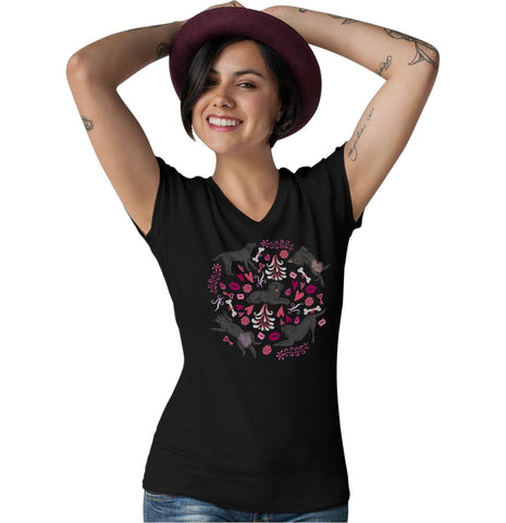 Black Labrador Pink Fleur Ladies' V-Neck Shirt