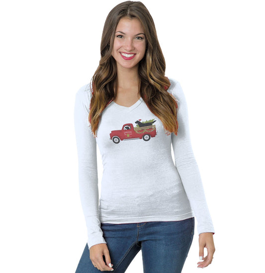 Black Labs Christmas Tree Red Truck Ladies' V-Neck Long Sleeve Shirt