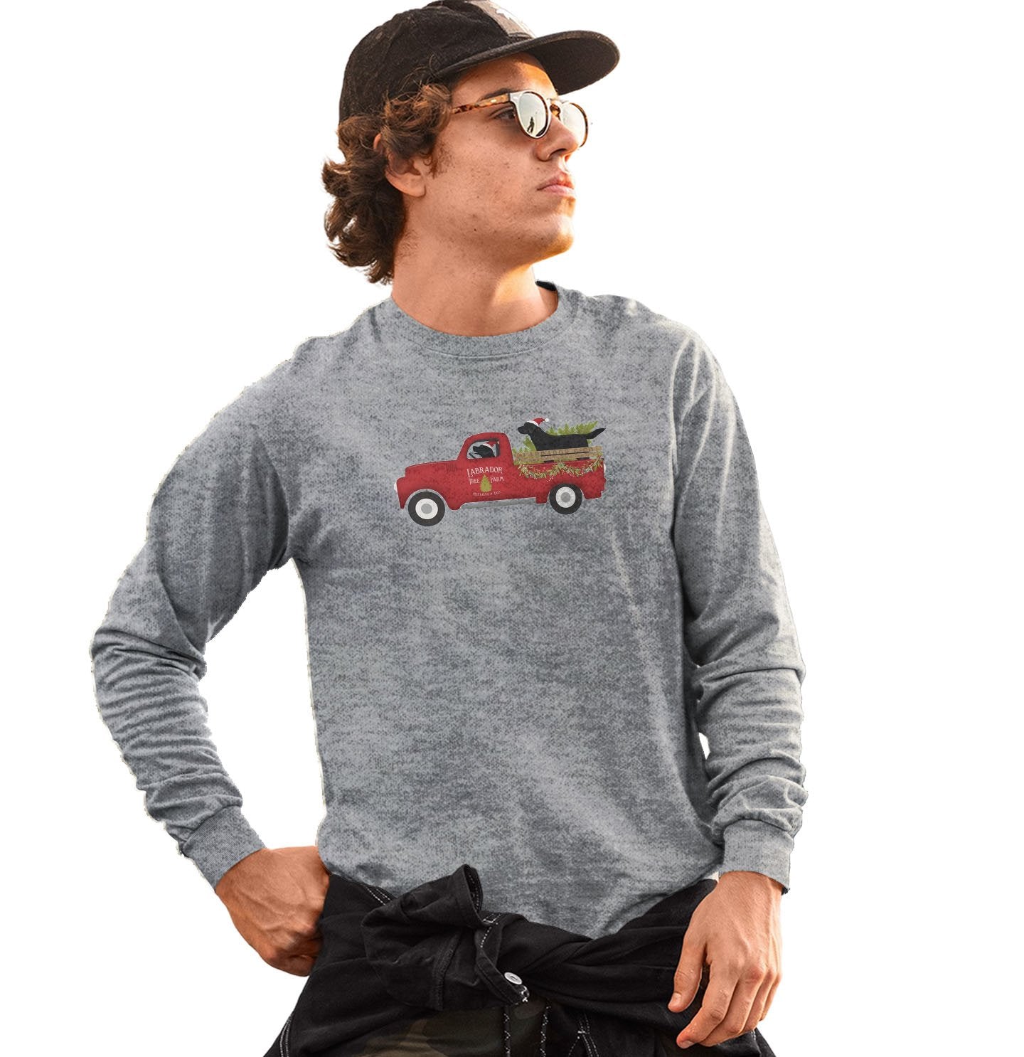 Black Labs Christmas Tree Red Truck Long Sleeve Shirt