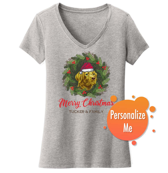 Santa Dog and Wreath - Personalized Custom Women's V-Neck T-Shirt
