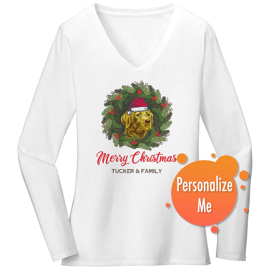 Santa Dog and Wreath - Personalized Custom Women's V-Neck Long Sleeve T-Shirt