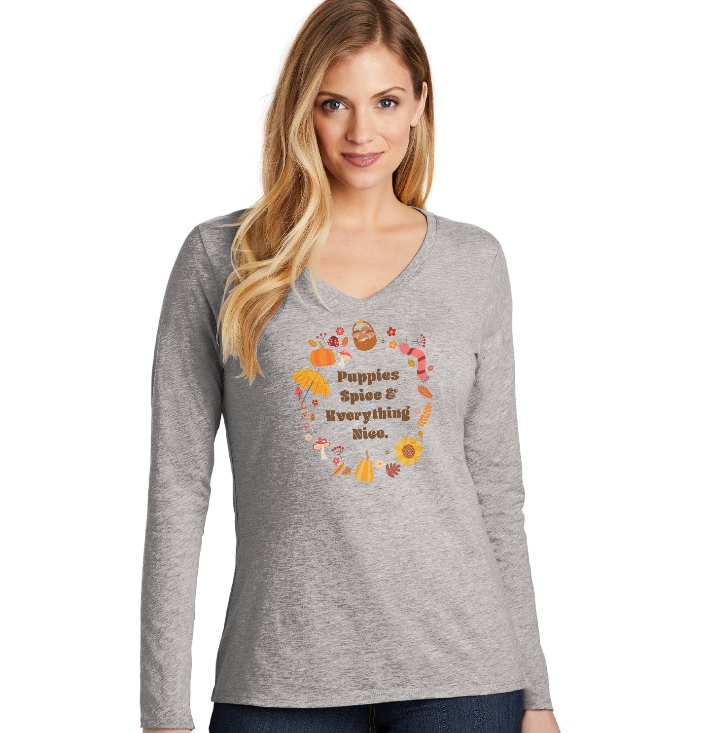 Puppies Spice Everything Nice Fall Wreath - Women's V-Neck Long Sleeve T-Shirt