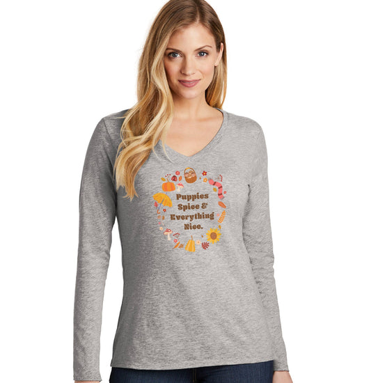 Puppies Spice Everything Nice Fall Wreath - Women's V-Neck Long Sleeve T-Shirt