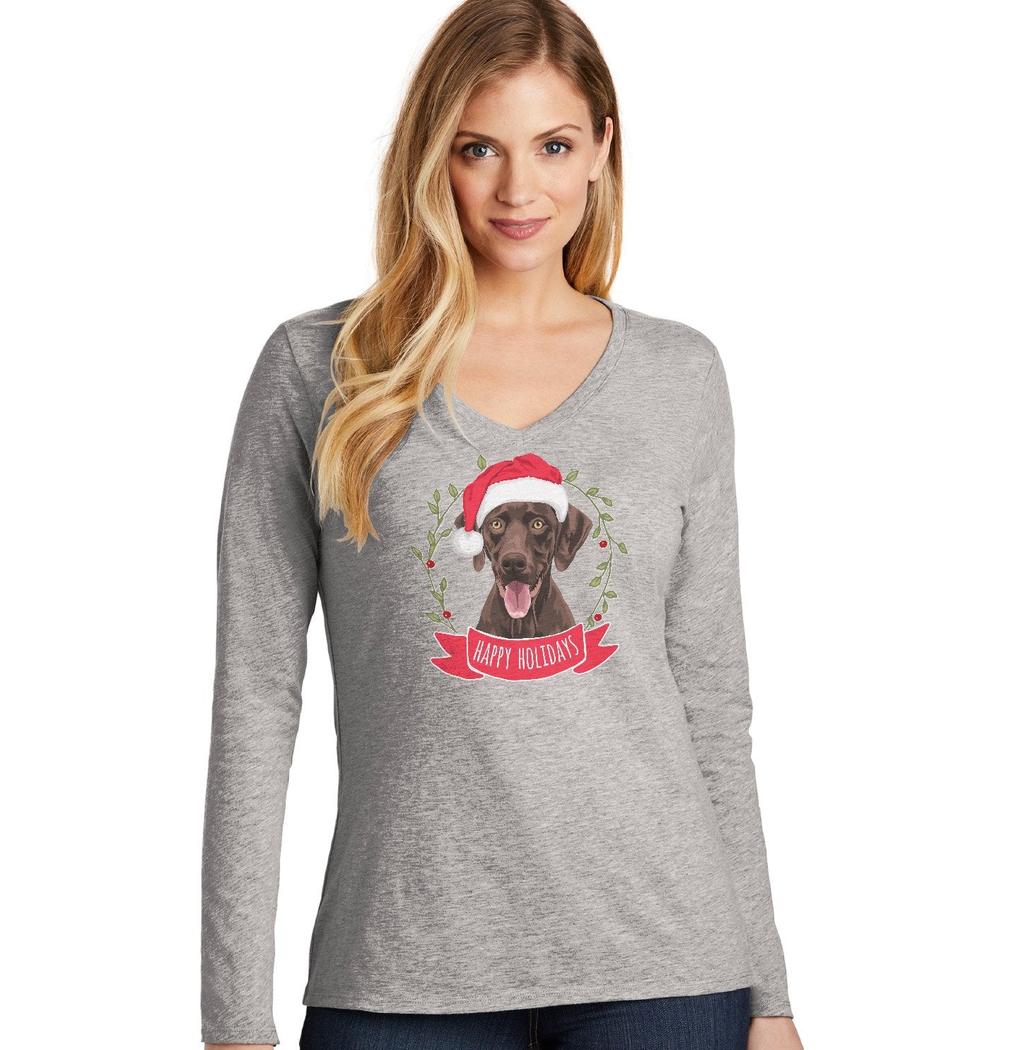 Happy Holidays Chocolate Labrador- Ladies' V-Neck Long Sleeve T-Shirt