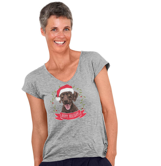 Happy Holidays Chocolate Labrador- Ladies' V-Neck T-Shirt