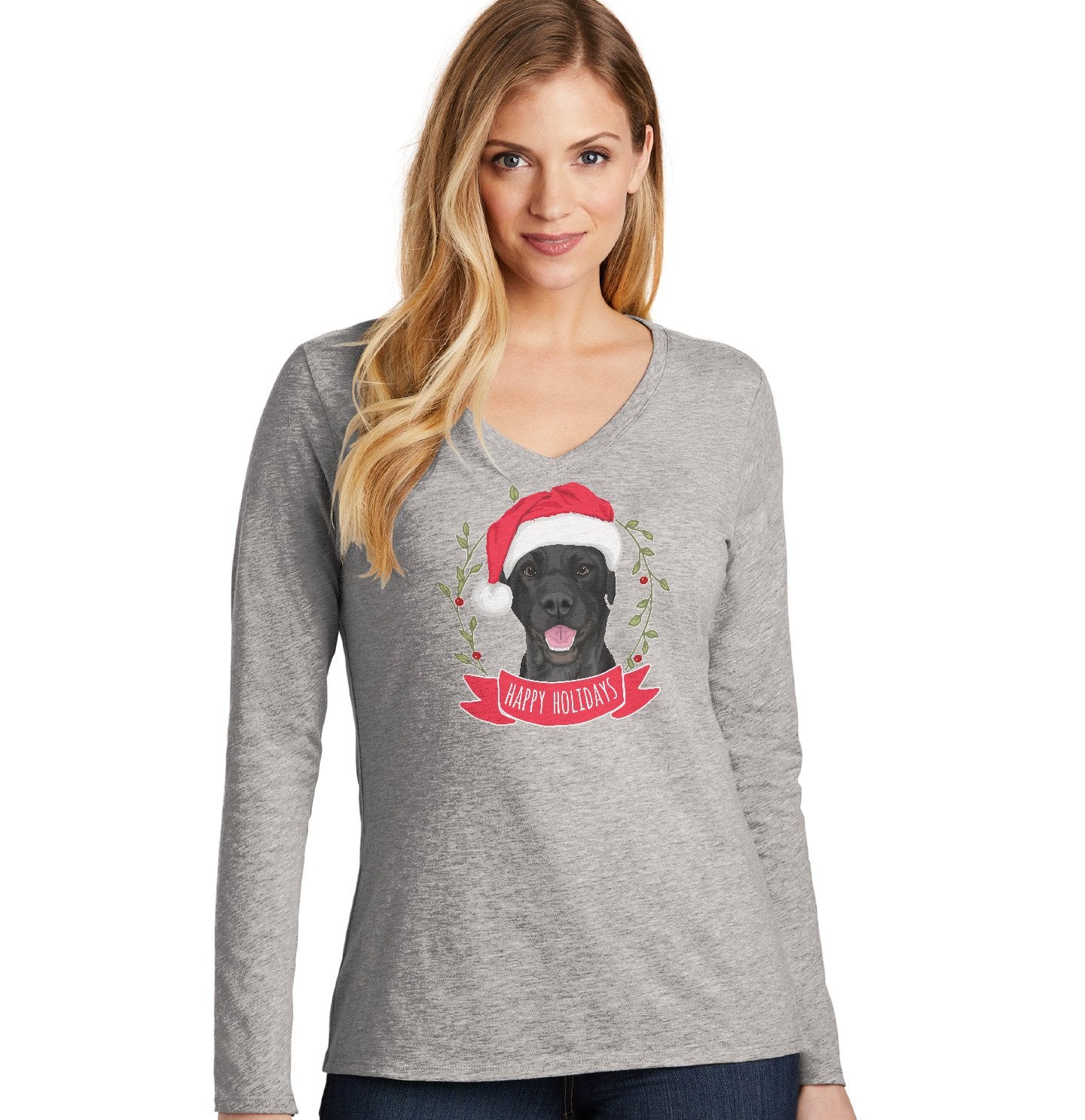 Happy Holidays Lab - Women's V-Neck Long Sleeve T-Shirt