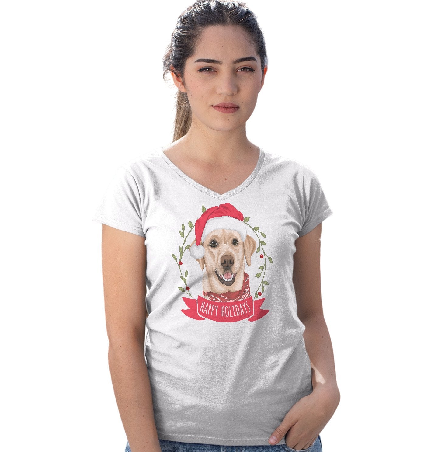 Happy Holidays Yellow Labrador- Ladies' V-Neck T-Shirt