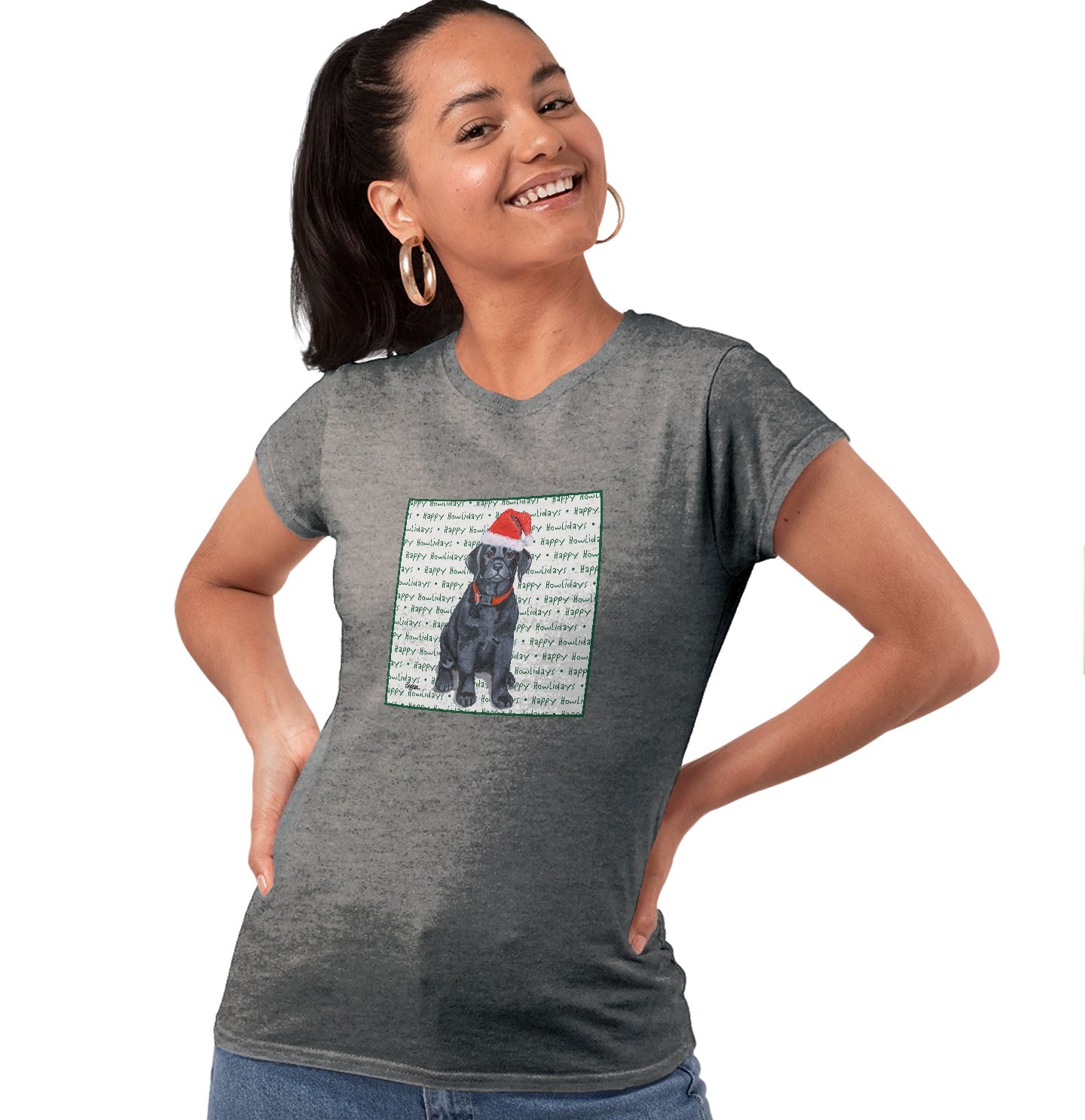 Black Labrador Retriever Puppy Happy Howlidays Text - Women's Tri-Blend T-Shirt