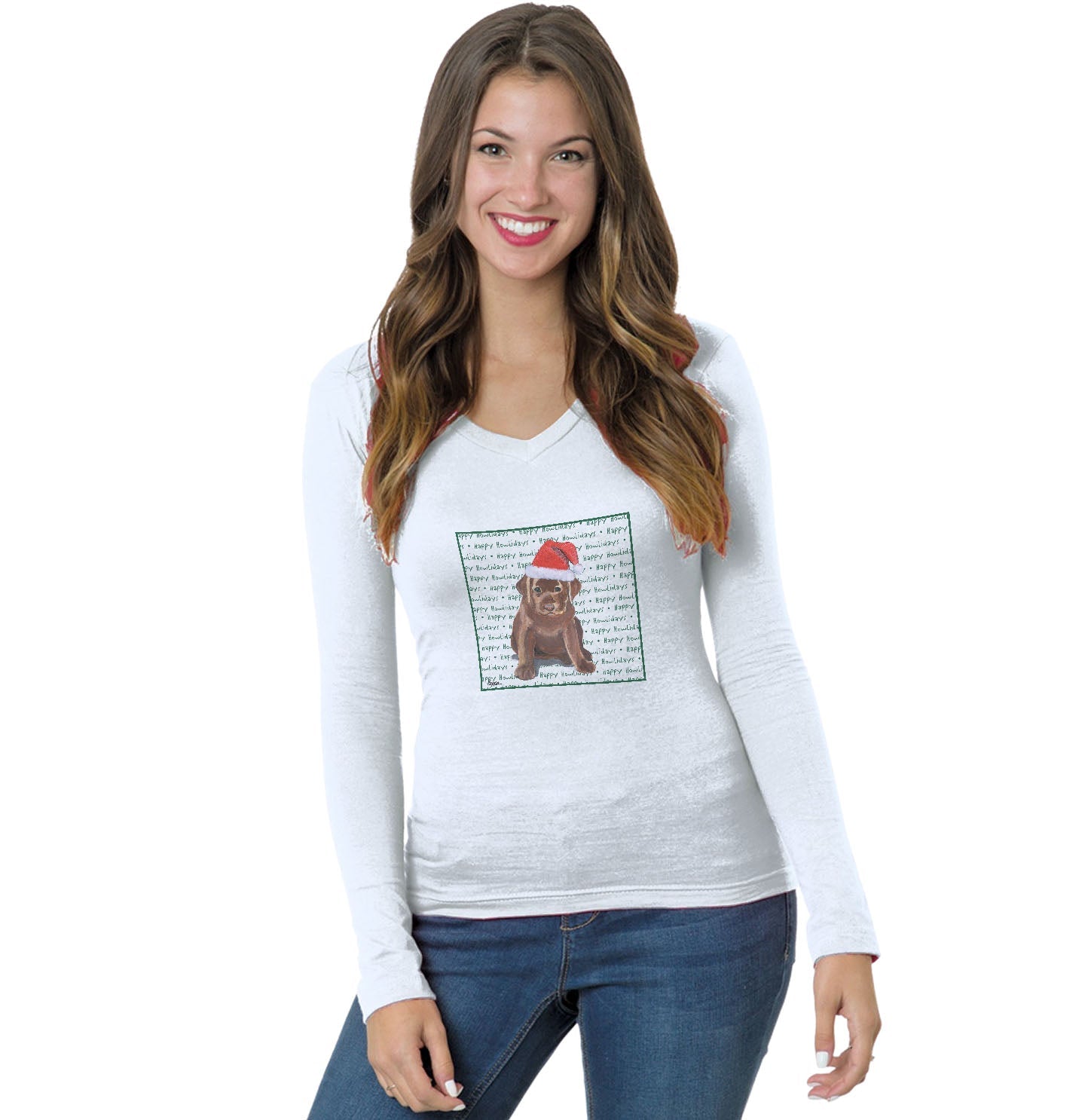 Chocolate Labrador Retriever Puppy Happy Howlidays Text - Women's V-Neck Long Sleeve T-Shirt