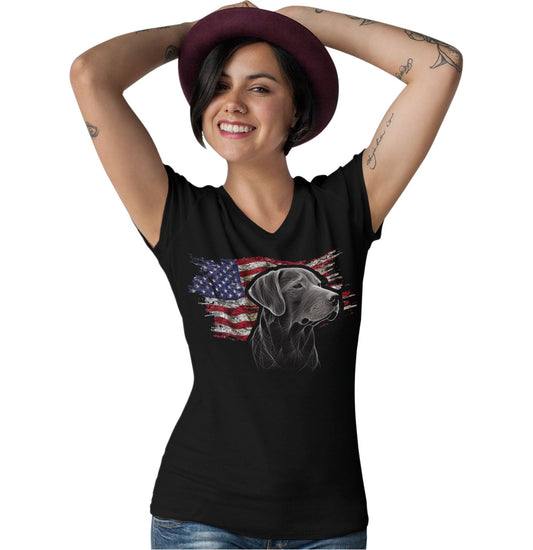 Patriotic Black Labrador Retriever American Flag - Women's V-Neck T-Shirt