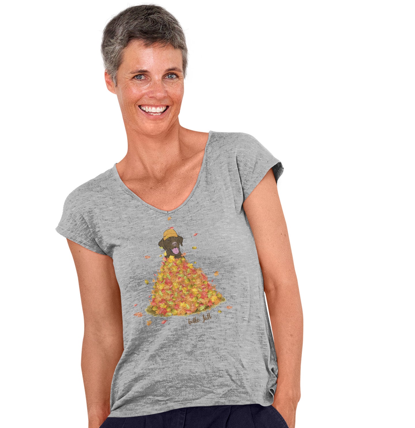 Leaf Pile and Chocolate Lab - Women's V-Neck T-Shirt