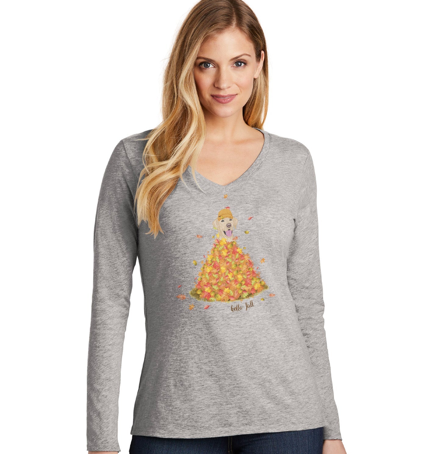 Leaf Pile and Yellow Lab - Women's V-Neck Long Sleeve T-Shirt
